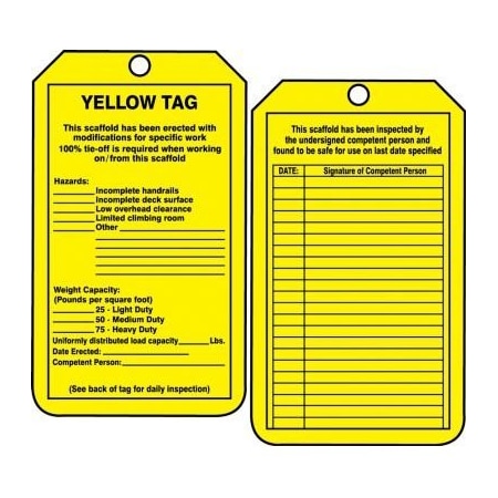 SCAFFOLD STATUS SAFETY TAG YELLOW TAG TRS208CTP